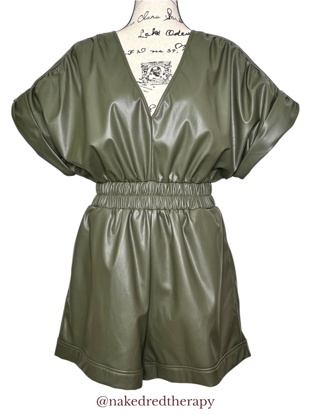 glam | Olive Vegan-Leather V-Neck “Shannon” Romper Side Pockets | Size Large